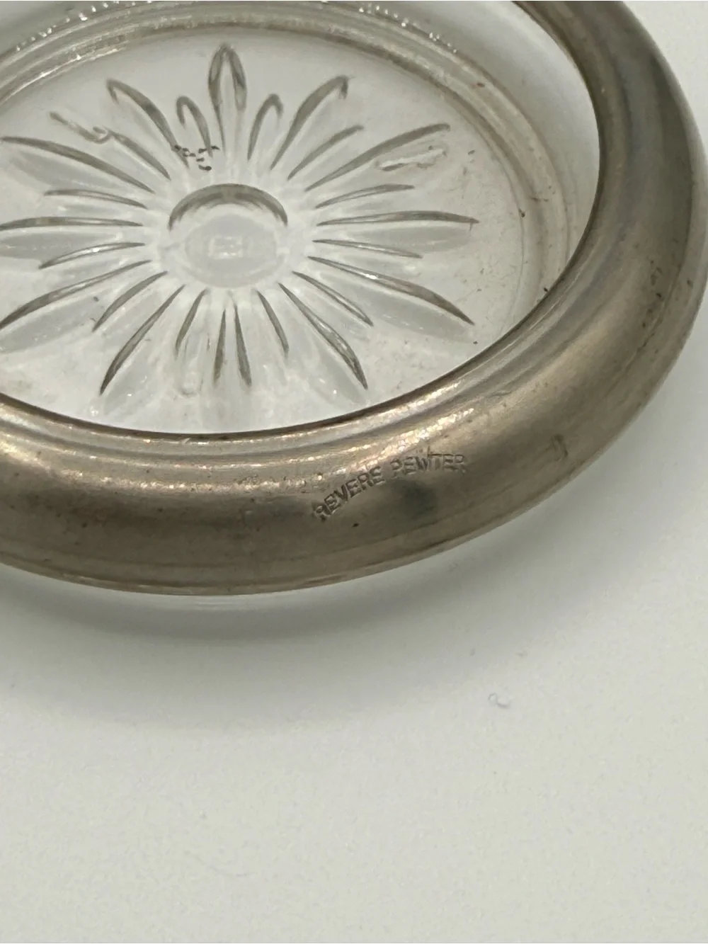 Engraved Leonard Revere Pewter coasters with decorative glass inserts